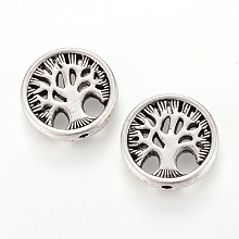 Honeyhandy Tibetan Style Alloy Beads, Flat Round with Tree, Cadmium Free & Lead Free, Antique Silver, 18x4mm, Hole: 1.5mm