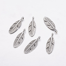 Honeyhandy Tibetan Style Alloy Feather Pendants, Lead Free & Cadmium Free, Antique Silver, 30x9x2.5mm, Hole: 2mm