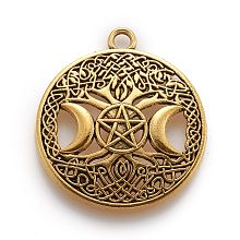 Honeyhandy Tibetan Style Hollow Alloy Pendants, Lead Free & Cadmium Free, Flat Round withTriple Moon Goddess, Pagan Jewelry, Antique Golden, 39x34x2.5mm, Hole: 3mm