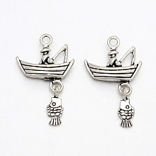 Honeyhandy Tibetan Style Alloy Gondola Pendants, Boat & Fisherman & Fish, Cadmium Free & Lead Free, Antique Silver, 29x18x4mm, Hole: 2mm