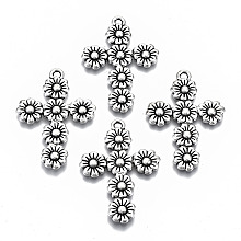 Honeyhandy Tibetan Style Alloy Pendants, Cross with Flower, Cadmium Free & Lead Free, Antique Silver, 37x26x2mm, Hole: 1.8mm