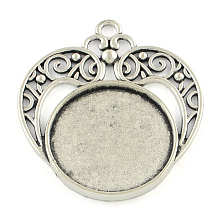 Honeyhandy Tibetan Style Alloy Heart Pendant Cabochon Settings, Cadmium Free & Lead Free, Antique Silver, Flat Round Tray: 25mm, 44x39x2.5mm, Hole: 3mm