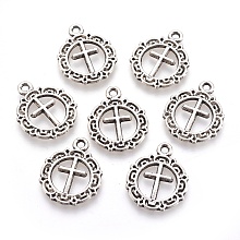 Honeyhandy Tibetan Style Flat Round with Cross Alloy Pendants, Cadmium Free & Lead Free, Antique Silver, 20x16x1mm, Hole: 2mm