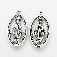 Honeyhandy Tibetan Style Alloy Pendants, Miraculous Medal, 1830 The Blessed Virgin Mary, Cadmium Free & Lead Free, Oval, Antique Silver, 36x20x3mm, Hole: 2mm