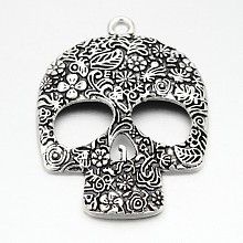 Honeyhandy Tibetan Style Zinc Alloy Big Pendants, Lead Free & Cadmium Free, Skull, Antique Silver, 66x49x6mm, Hole: 4mm