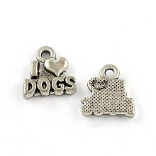 Honeyhandy Tibetan Style Zinc Alloy Pendants, Word I Love Dogs, Lead Free & Cadmium Free, Antique Silver, 13.7x12.6x2.5mm, Hole: 2mm