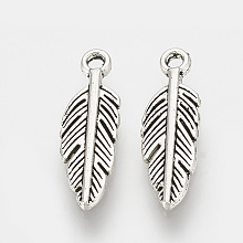 Honeyhandy Tibetan Style Alloy Pendants, Feather, Cadmium Free & Lead Free, Antique Silver, 15x5x1.5mm, Hole: 1mm