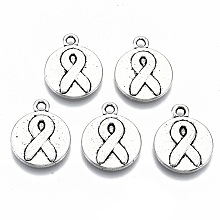 Honeyhandy Tibetan Style Alloy Pendants, Flat Round with Silk Ribbon, Cadmium Free & Lead Free, Antique Silver, 20x16x2mm, Hole: 2mm