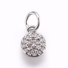 Honeyhandy Brass Micro Pave Cubic Zirconia Charms, Lead Free & Cadmium Free, Flat Round, Platinum, 8x6x1.5mm, Hole: 3mm