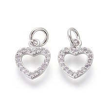 Honeyhandy Brass Micro Pave Cubic Zirconia Charms, Lead Free & Cadmium Free, Clear, Heart, Platinum, 10.5x9x2mm, Hole: 3mm