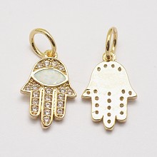 Honeyhandy Brass Cubic Zirconia Charms, with Synthetic Opal, Hamsa Hand/Hand of Fatima/Hand of Miriam with Horse Eye, Real 18K Gold Plated, Cadmium Free & Lead Free, 15x10x2mm, Hole: 4.5mm