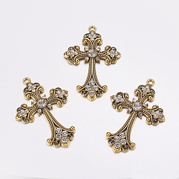 Honeyhandy Alloy Rhinestone Cross Big Pendants, Lead Free & Cadmium Free, Antique Golden, 75x50x7mm, Hole: 3.5mm