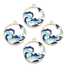 Honeyhandy Chinese Style Alloy Enamel Pendants, Cadmium Free & Lead Free, Flat Round with Sea Wave, Golden, Blue, 28x25x1.2mm, Hole: 1.8mm