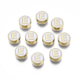 Honeyhandy Alloy Enamel Beads, Cadmium Free & Lead Free, Light Gold, Flat Round with Alphabet, White, Letter.E, 8x4mm, Hole: 1.5mm