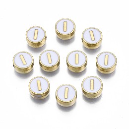 Honeyhandy Alloy Enamel Beads, Cadmium Free & Lead Free, Light Gold, Flat Round with Alphabet, White, Letter.I, 8x4mm, Hole: 1.5mm