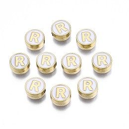 Honeyhandy Alloy Enamel Beads, Cadmium Free & Lead Free, Light Gold, Flat Round with Alphabet, White, Letter.R, 8x4mm, Hole: 1.5mm