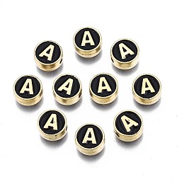 Honeyhandy Alloy Enamel Beads, Cadmium Free & Lead Free, Light Gold, Flat Round with Alphabet, Black, Letter.A, 8x4mm, Hole: 1.5mm