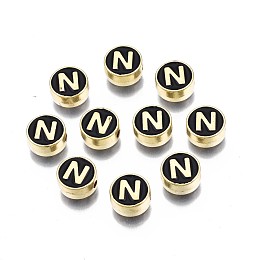 Honeyhandy Alloy Enamel Beads, Cadmium Free & Lead Free, Light Gold, Flat Round with Alphabet, Black, Letter.N, 8x4mm, Hole: 1.5mm