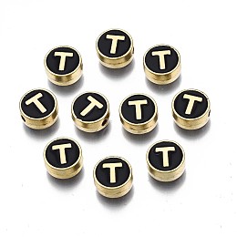 Honeyhandy Alloy Enamel Beads, Cadmium Free & Lead Free, Light Gold, Flat Round with Alphabet, Black, Letter.T, 8x4mm, Hole: 1.5mm