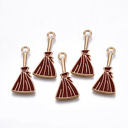 Honeyhandy Alloy Enamel Pendants, Halloween, Cadmium Free & Lead Free, Broom, Light Gold, Dark Red, 24x11x1.5mm, Hole: 2mm