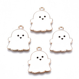 Honeyhandy Alloy Enamel Pendants, Halloween, Cadmium Free & Lead Free, Ghost, Light Gold, White, 22x18x1.5mm, Hole: 2mm