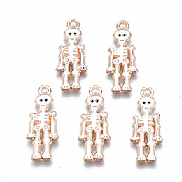 Honeyhandy Alloy Enamel Pendants, Halloween, Cadmium Free & Lead Free, Skeleton, Light Gold, White, 26x10x1.5mm, Hole: 1.8mm