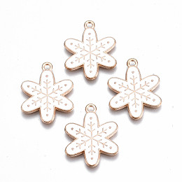 Honeyhandy Alloy Enamel Pendants, Christmas, Cadmium Free & Lead Free, Snowflake, Light Gold, White, 24x19x1.5mm, Hole: 1.8mm