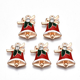 ARRICRAFT Alloy Enamel Pendants, with Rhinestone, Christmas, Cadmium Free & Lead Free, Christmas Bell, Light Gold, Red, 19x14x4mm, Hole: 1.6mm