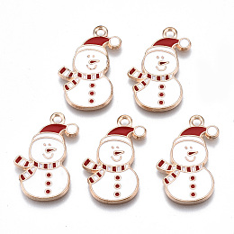 Honeyhandy Alloy Enamel Pendants, Cadmium Free & Lead Free, Christmas Snowman, Light Gold, White, 24x15x1.5mm, Hole: 1.8mm