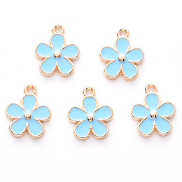 Honeyhandy Alloy Enamel Charms, Cadmium Free & Lead Free, Light Gold, Flower, Sky Blue, 15x13x2.5mm, Hole: 1.5mm