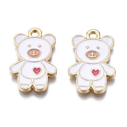 Honeyhandy Alloy Pendants, with Enamel, Cadmium Free & Lead Free, Light Gold, Bear with Heart, White, 19.5x13x1.5mm, Hole: 2mm