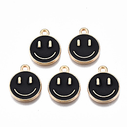 Honeyhandy Alloy Enamel Charms, Cadmium Free & Lead Free, Smiling Face, Light Gold, Black, 14.5x12x1.5mm, Hole: 1.5mm