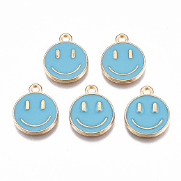 Honeyhandy Alloy Enamel Charms, Cadmium Free & Lead Free, Smiling Face, Light Gold, Deep Sky Blue, 14.5x12x1.5mm, Hole: 1.5mm