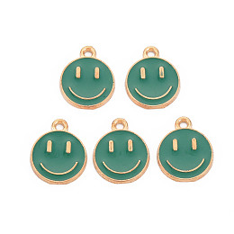 Honeyhandy Alloy Enamel Charms, Cadmium Free & Lead Free, Smiling Face, Light Gold, Teal, 14.5x12x1.5mm, Hole: 1.5mm