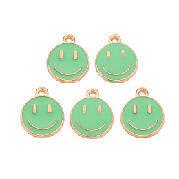 Honeyhandy Alloy Enamel Charms, Cadmium Free & Lead Free, Smiling Face, Light Gold, Light Green, 14.5x12x1.5mm, Hole: 1.5mm