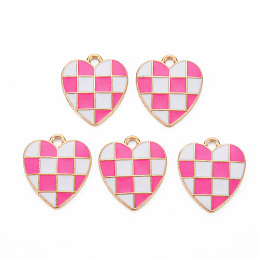 Honeyhandy Alloy Enamel Pendants, Cadmium Free & Lead Free, Light Gold, Heart with Grid, Deep Pink, 17.5x15.5x1.5mm, Hole: 1.8mm