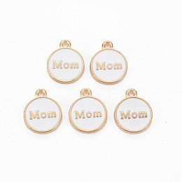 Honeyhandy Alloy Enamel Charms, Cadmium Free & Lead Free, Light Gold, Flat Round with Mom, White, 14.5x12x2mm, Hole: 1.4mm