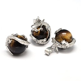 Honeyhandy Dragon Platinum Plated Brass Natural Tiger Eye Pendants, Cadmium Free & Lead Free, 26~27x22x17~18.5mm, Hole: 4x8.5mm