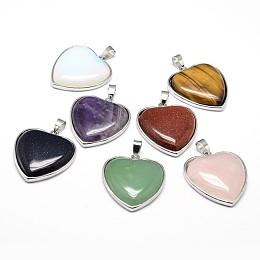 Honeyhandy Heart Platinum Plated Brass Natural & Synthetic Mixed Stone Pendants, Cadmium Free & Lead Free, 36x31x7mm, Hole: 4x8mm