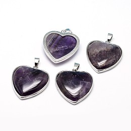 Honeyhandy Heart Platinum Plated Brass Natural Amethyst Pendants, Cadmium Free & Lead Free, 36x31x7mm, Hole: 4x8mm