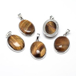 Honeyhandy Oval Platinum Plated Brass Natural Tiger Eye Pendants, Cadmium Free & Lead Free, 31x20x7.5mm, Hole: 5x8mm