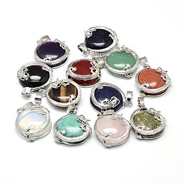 Honeyhandy Flat Round with Dragon Platinum Plated Brass Natural & Synthetic Mixed Stone Pendants, Cadmium Free & Lead Free, Mixed Color, 26.5x24x9mm, Hole: 7x4mm