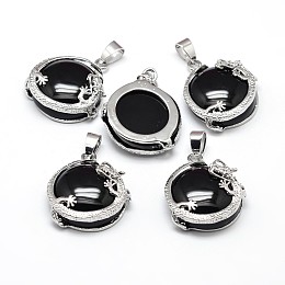 Honeyhandy Flat Round with Dragon Platinum Plated Brass Natural Black Agate Pendants, Cadmium Free & Lead Free, 26.5x24x9mm, Hole: 7x4mm