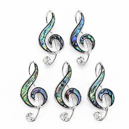 Honeyhandy Musical Note Natural Abalone Shell/Paua Shell Brooch Pin, Alloy Lapel Pin for Girl Women, Lead Free & Cadmium Free, Platinum, Colorful, 50~52x23x9mm, Hole: 7x4mm, Pin: 0.7mm