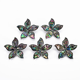 Honeyhandy Flower Shape Natural Abalone Shell/Paua Shell Brooch Pin, Alloy Lapel Pin for Backpack Clothing, Lead Free & Cadmium Free, Antique Silver, Colorful, 41x43x9~10mm, Hole: 6x4mm, Pin: 0.7mm