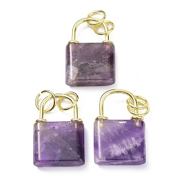 Honeyhandy Natural Amethyst Pendants, with Golden Brass Findings and Jump Rings, Cadmium Free & Lead Free, Lock, 27x18x5.5mm, Hole: 6mm