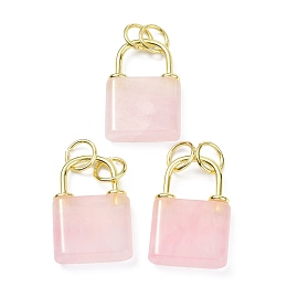 Honeyhandy Natural Rose Quartz Pendants, with Golden Brass Findings and Jump Rings, Cadmium Free & Lead Free, Lock, 27x18x5.5mm, Hole: 6mm