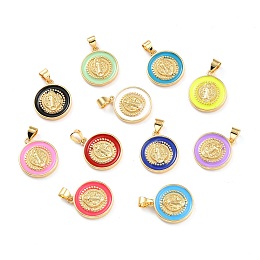 Honeyhandy Brass Enamel Pendants, Cadmium Free & Lead Free, Long-Lasting Plated, Flat Round, Real 18K Gold Plated, Mixed Color, 18x16x2.5mm, Hole: 4.5x3.5mm