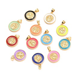 ARRICRAFT Brass Enamel Pendants, Cadmium Free & Lead Free, Long-Lasting Plated, Flat Round with Virgin Mary, Real 18K Gold Plated, Mixed Color, 18x16x2.5mm, Hole: 4.5x3.5mm