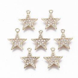 Honeyhandy Brass Micro Pave Cubic Zirconia Charms, Light Gold, Long-Lasting Plated, Cadmium Free & Lead Free, Star, Clear, 12.5x11x1.5mm, Hole: 1mm